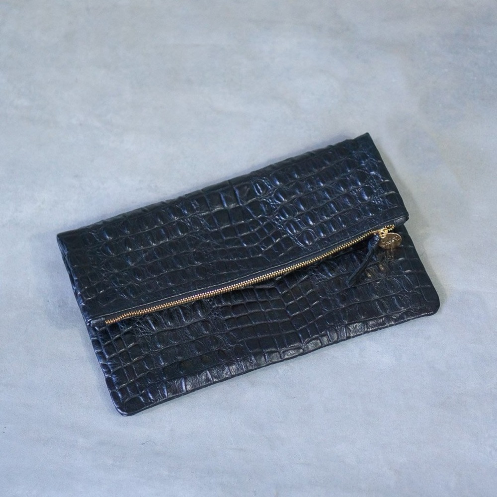 Clare V. Black Croc-Embossed Fold-Over Clutch Bag Purse with Gold Zip